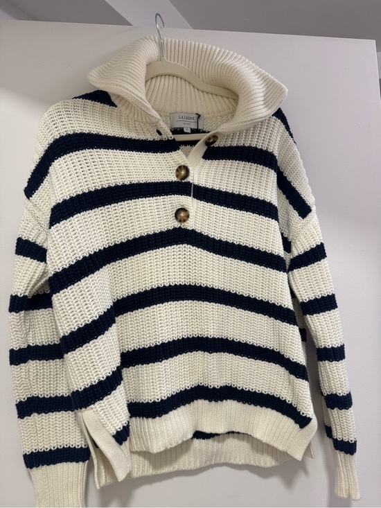 La Ligne Sweaters - La Ligne Navy and Cream Striped Cowl-Neck Sweater